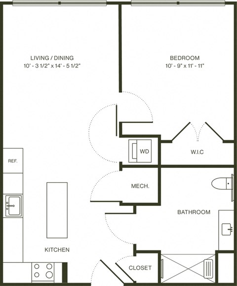 Floor plan for 1 bed, 1 bath, 633 sqft